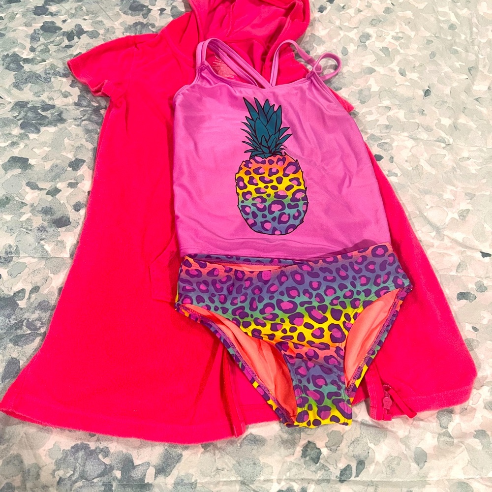 Cat & Jack pineapple tanking girls 7 purple cheetah print and BONUS pink coverup